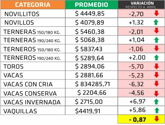 Mayo mostró escasa variación en los precios de la hacienda que bajó el 1%